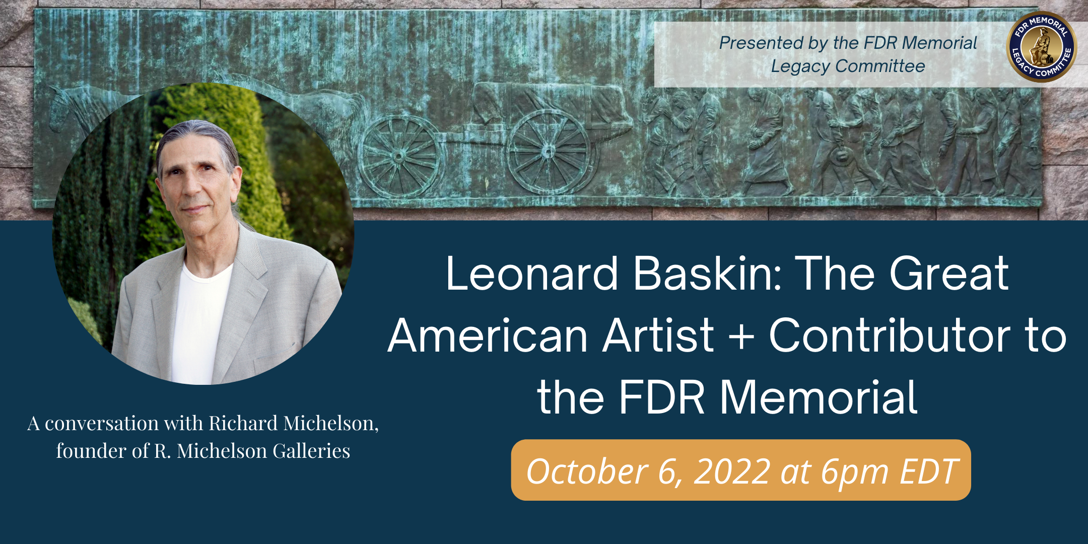 Blue graphic with photo of FDR Memorial funeral cortege and R. Michelson promoting a webinar on Oct 6